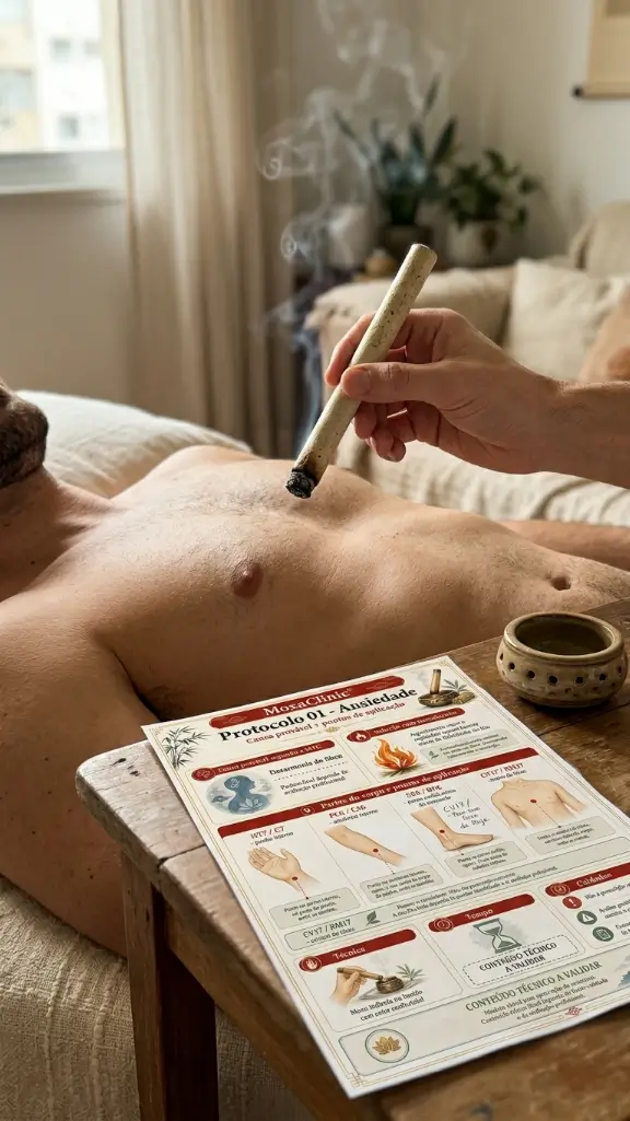 Moxabustão com protocolo impresso MoxaClinic durante atendimento