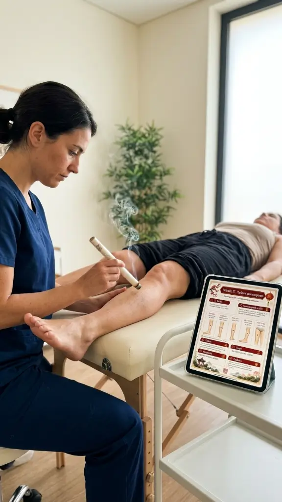 Profissional aplicando moxabustão com protocolo em tablet