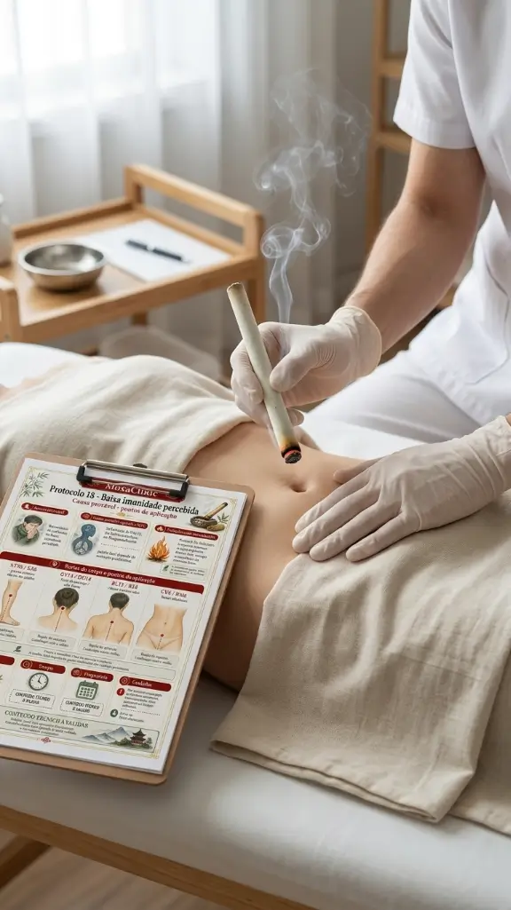 Moxabustão abdominal com protocolo MoxaClinic em prancheta